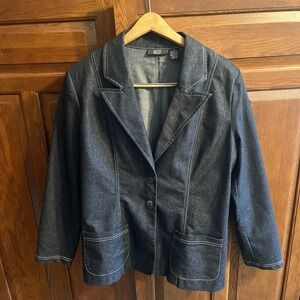 Womens Dressy Sz 10 Dark Blue Denim Jacket Blazer VTG Shoulder Pads Dressy
